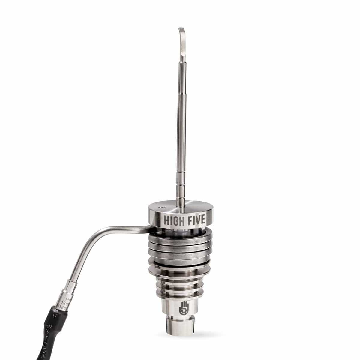 The LCD E-Nail Hybrid Nail Kit is shown in a close-up, angled view, highlighting its silver metallic nail and attached black cord.