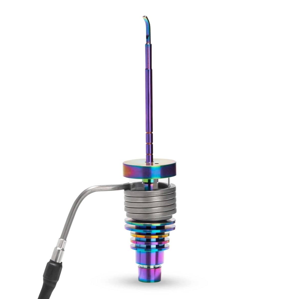 Front view of the LCD E-Nail Hybrid Nail Kit, featuring a metallic nail with a coiled base and a connecting cable.