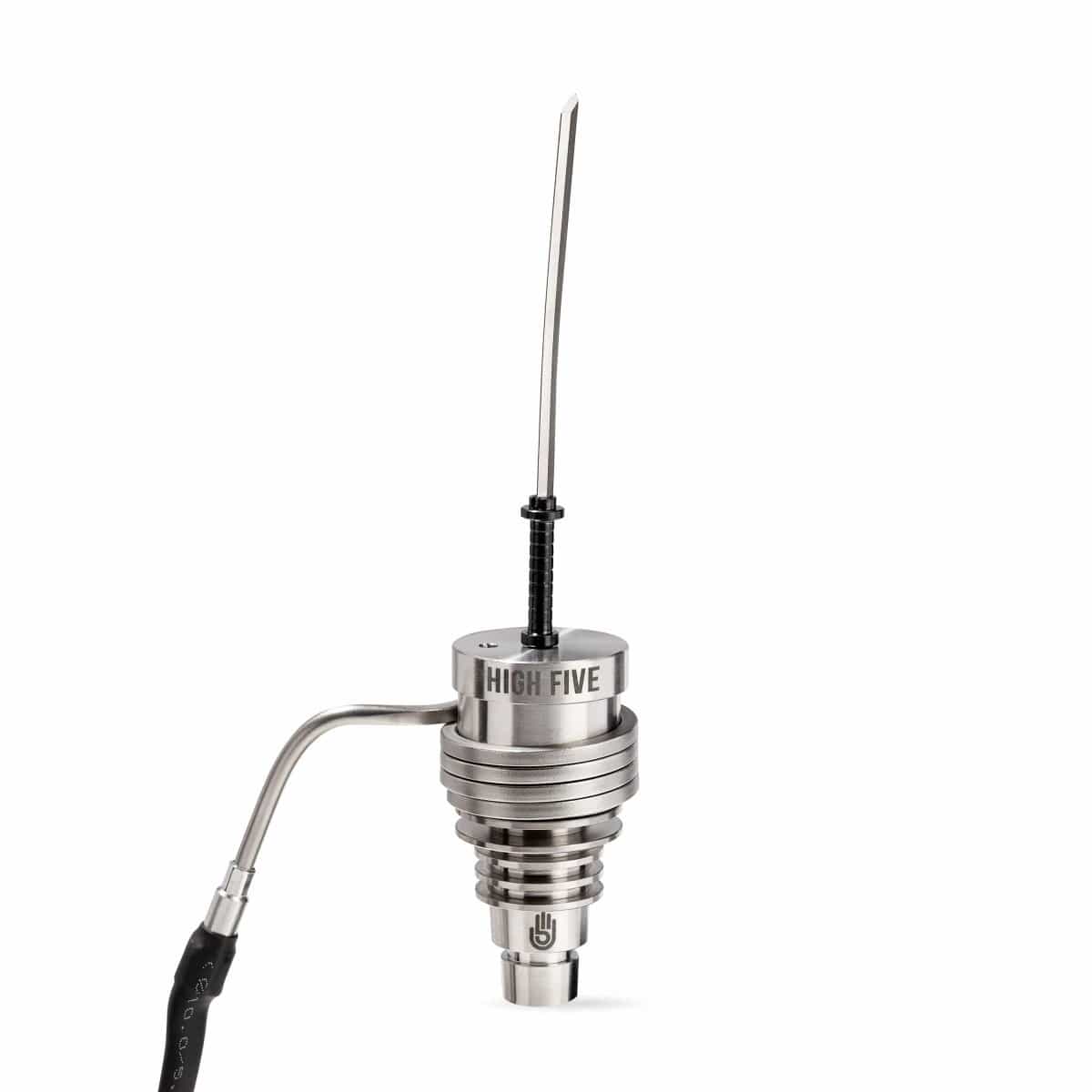 Close-up of the LCD E-Nail Hybrid Nail Kit, showcasing a silver metal nail with a glass tip and a coiled wire attachment.