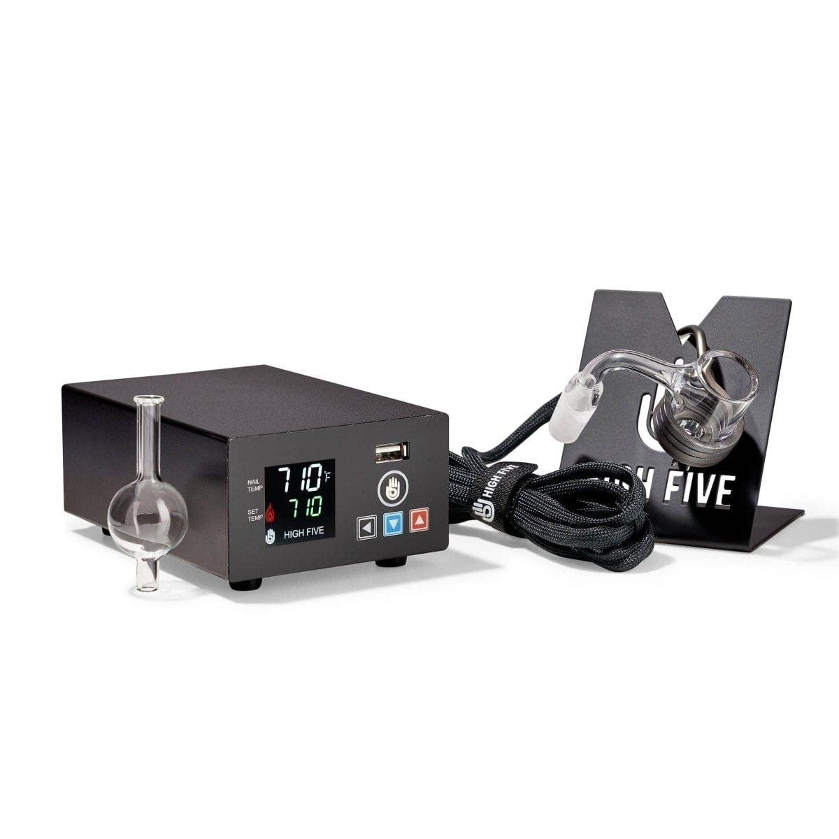 The LCD E-Nail Quartz E-Banger Kit is displayed in a close-up, angled shot with a digital temperature display and quartz banger.