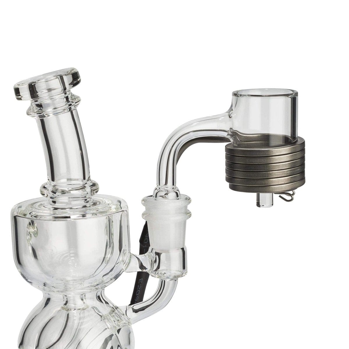 A close-up shows the LCD E-Nail Quartz E-Banger Kit attached to a water pipe, showcasing its quartz bucket and heating element.