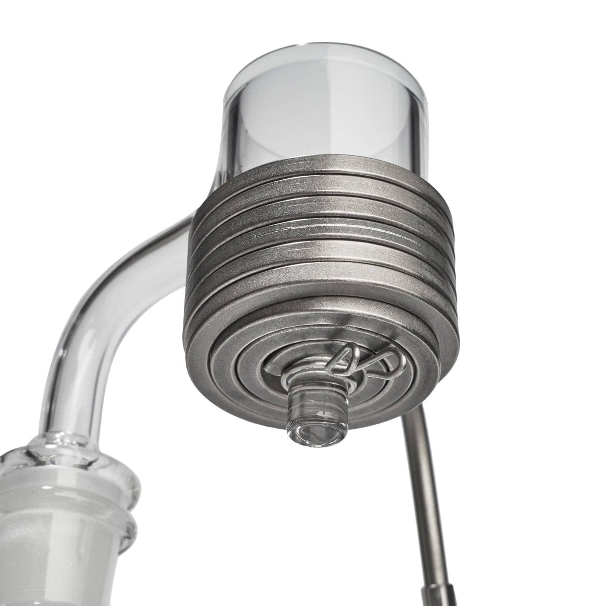 Close-up view of the LCD E-Nail Quartz E-Banger Kit, showing the quartz banger’s coiled heating element and metallic connection.