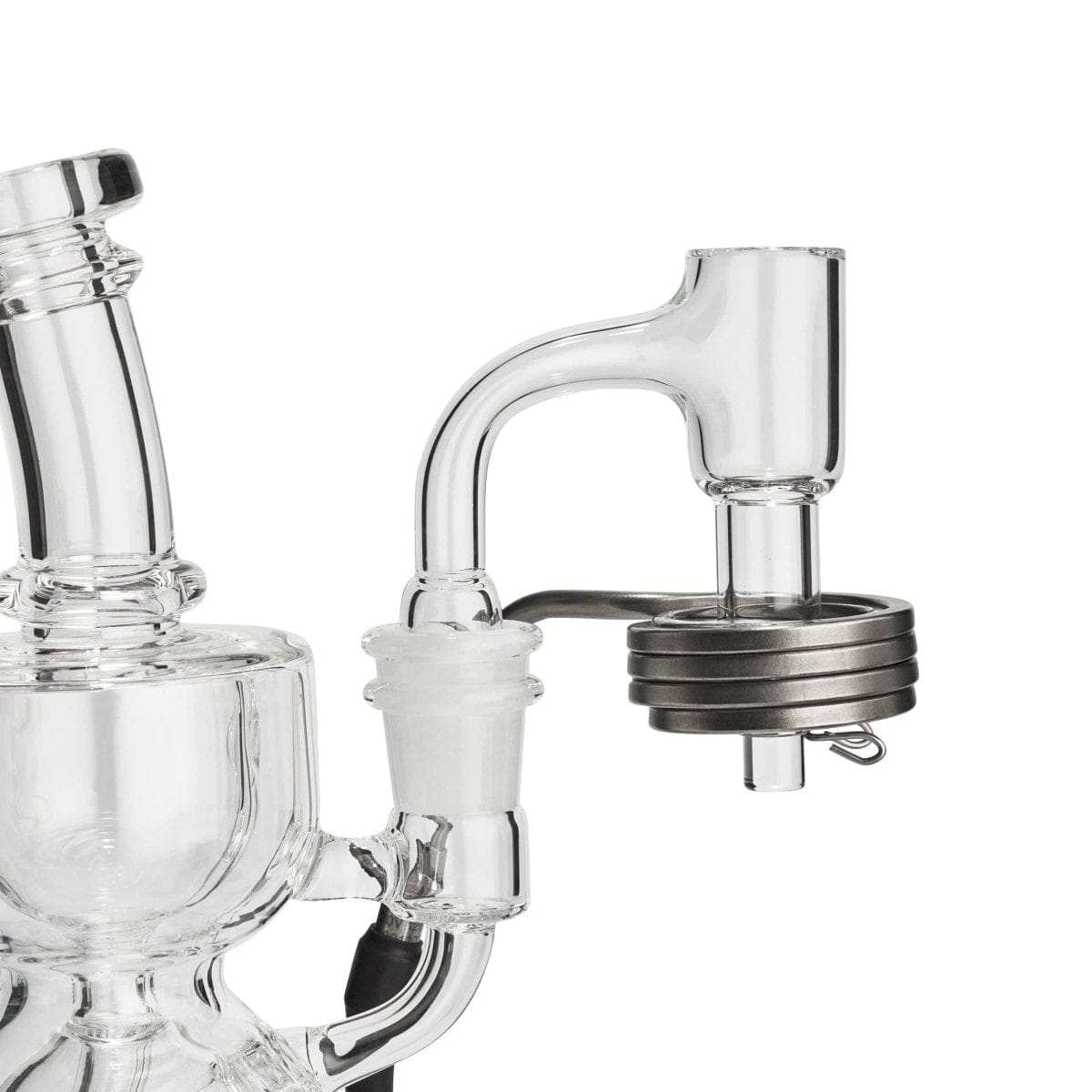 A close-up, angled view of the LCD E-Nail Quartz E-Banger Kit, showcasing the clear quartz banger attached to a glass joint.