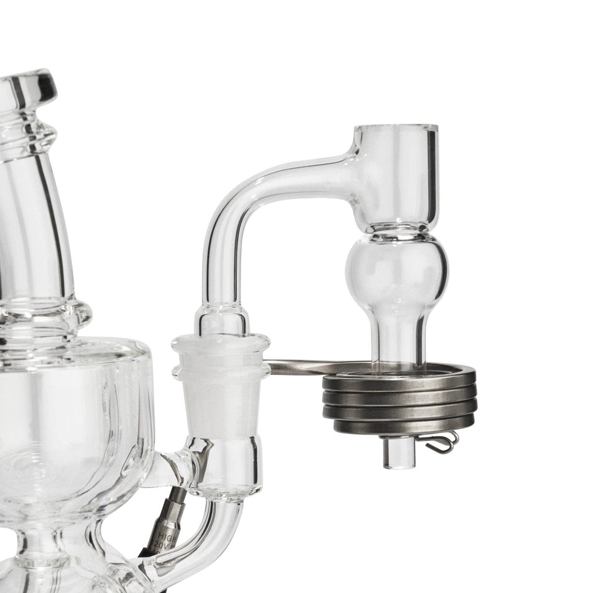 A close-up, angled view of the LCD E-Nail Quartz E-Banger Kit, showcasing the quartz banger attached to a glass joint.