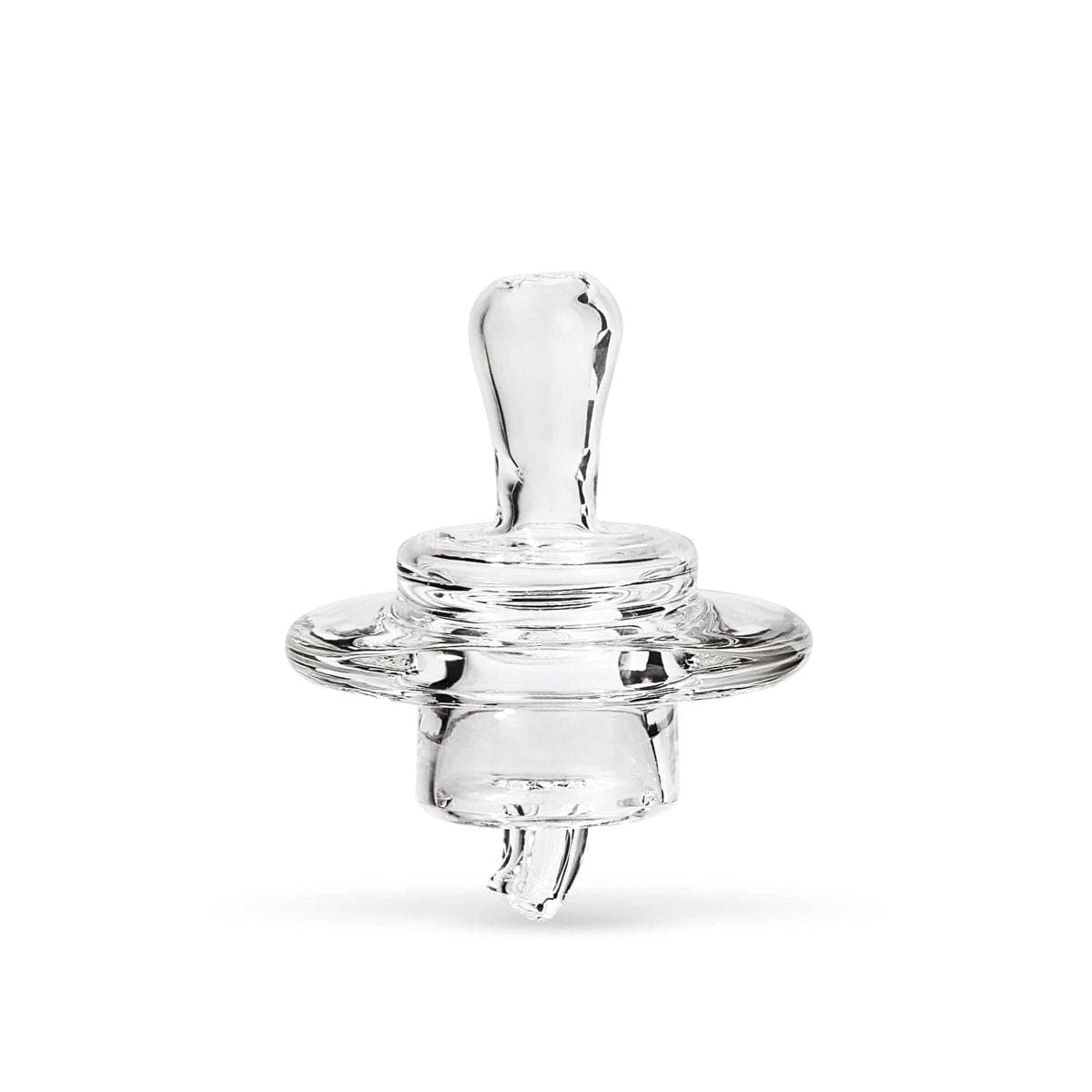 A close-up, angled view of the LCD E-Nail Quartz E-Banger Kit, showing its clear quartz construction and circular design.