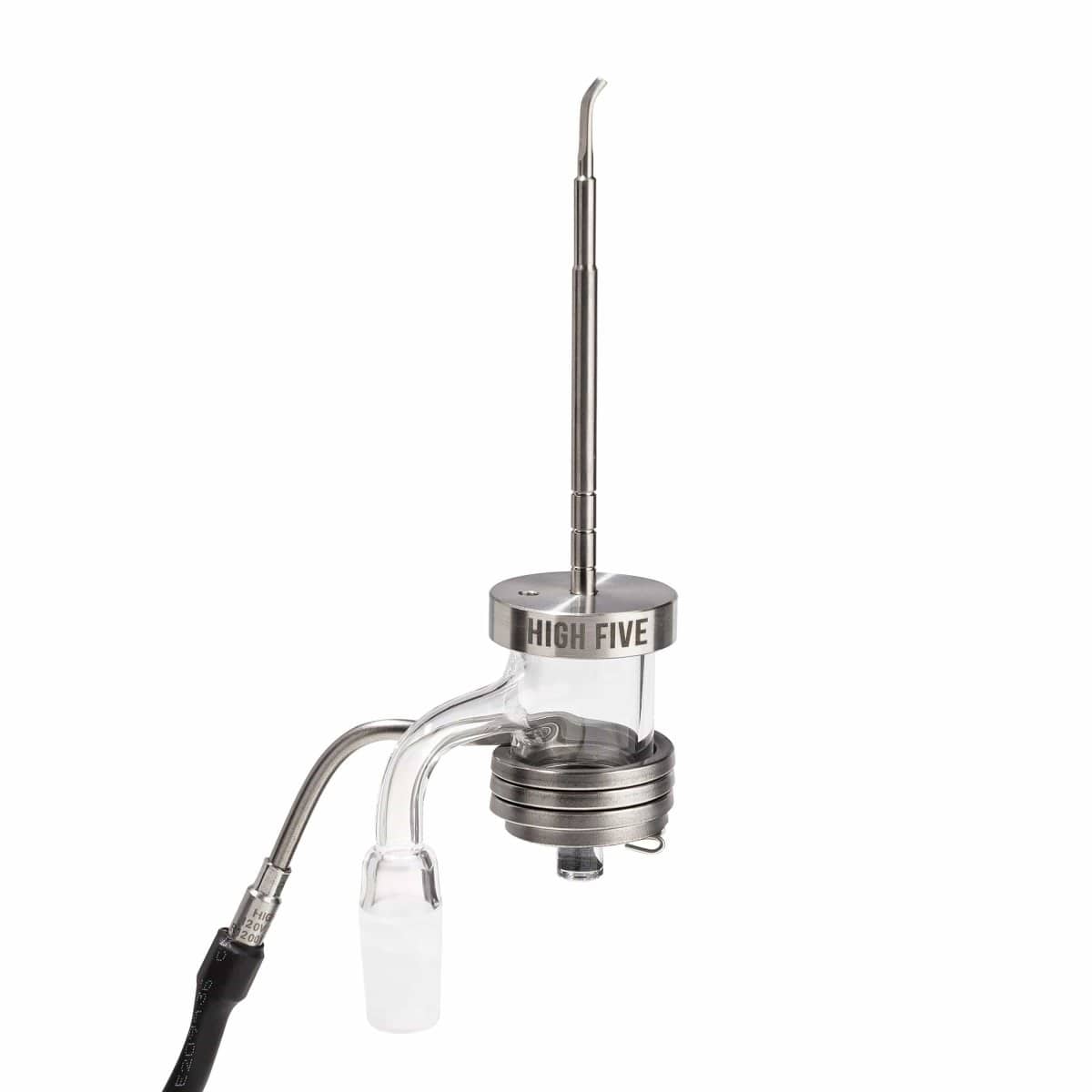 The LCD E-Nail Quartz E-Banger Kit is shown in a close-up, angled view with a silver quartz banger atop a cylindrical glass chamber.