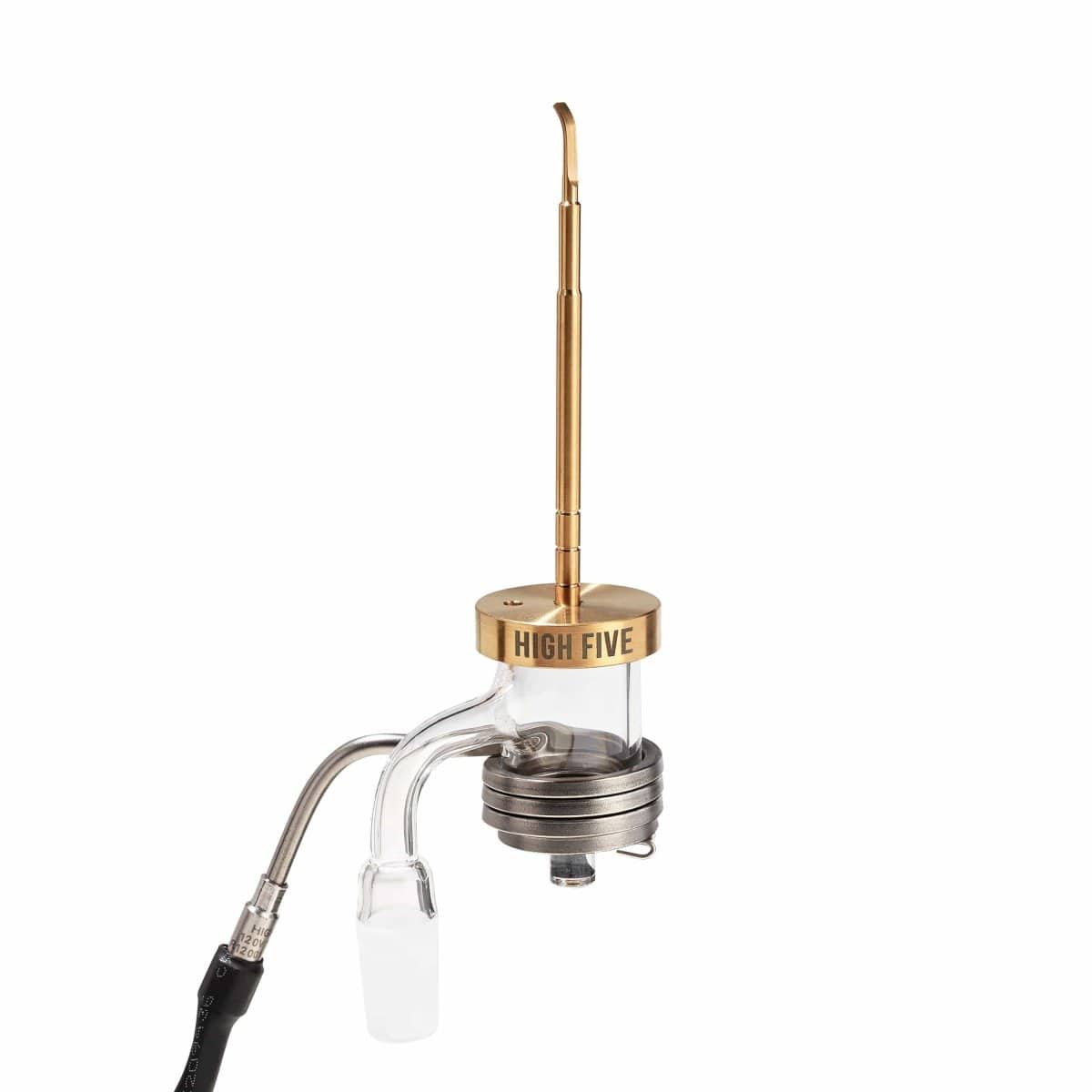 A close-up of the LCD E-Nail Quartz E-Banger Kit, showing a metallic nail positioned above a clear quartz banger.