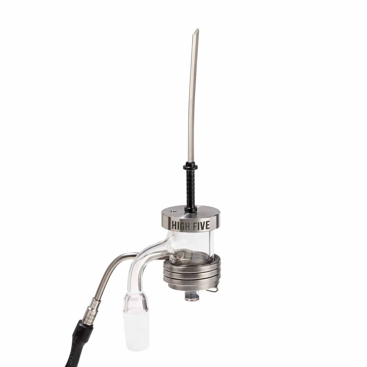 Front view of the LCD E-Nail Quartz E-Banger Kit with a silver quartz banger and a black electronic nail, angled against a plain white backdrop.