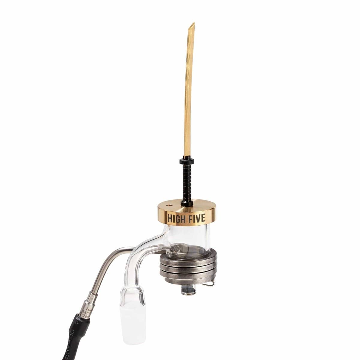 Front view of the LCD E-Nail Quartz E-Banger Kit with a clear quartz banger, attached to a silver metallic heating coil.