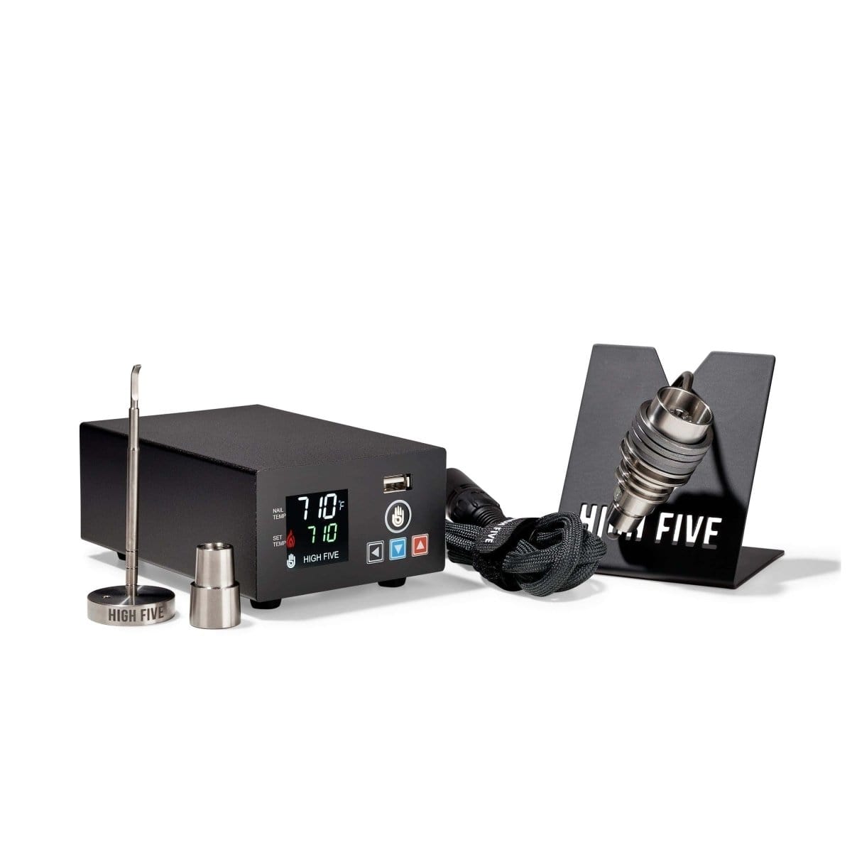 Angled front view of the black LCD E-Nail Titanium Nail Kit showing the digital controller display reading 710°F, titanium nail on a branded stand, and accessories.