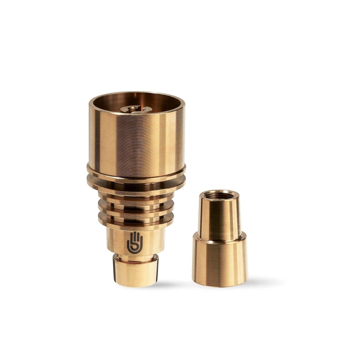 Close-up front view of the LCD E-Nail Titanium Nail Kit showing two metallic gold titanium components on a white background.