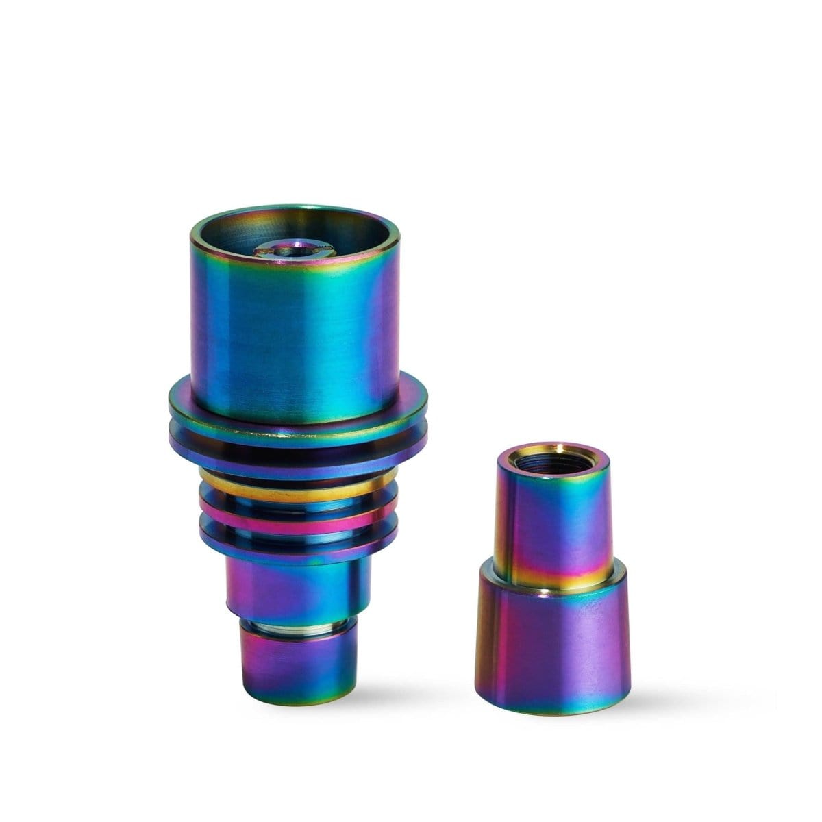 Front-lit studio view of two iridescent metal components of the LCD E-Nail Titanium Nail Kit, one taller grooved piece and a smaller threaded cap set against a white background.