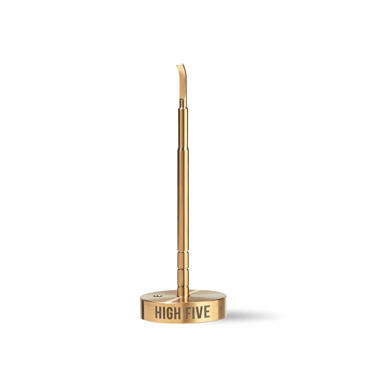 Centered front view of the gold LCD E-Nail Titanium Nail Kit standing upright on its round base with "HIGH FIVE" printed on the rim against a white background