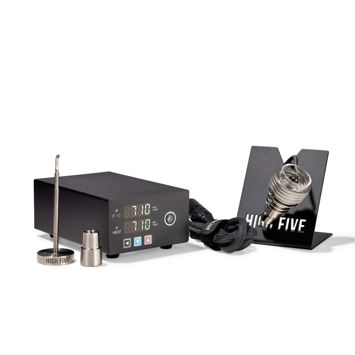 Front view of the Micro E-Nail Hybrid Nail Kit displaying a digital temperature reading on its black base.