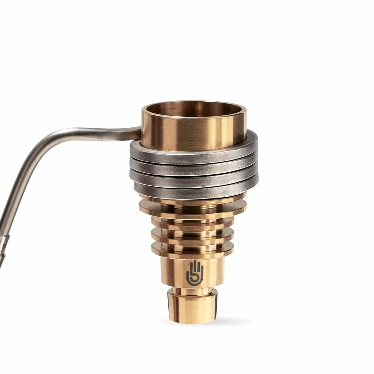 A close-up, angled view of the Micro E-Nail Hybrid Nail Kit, showing its textured, metallic finish and compact design.