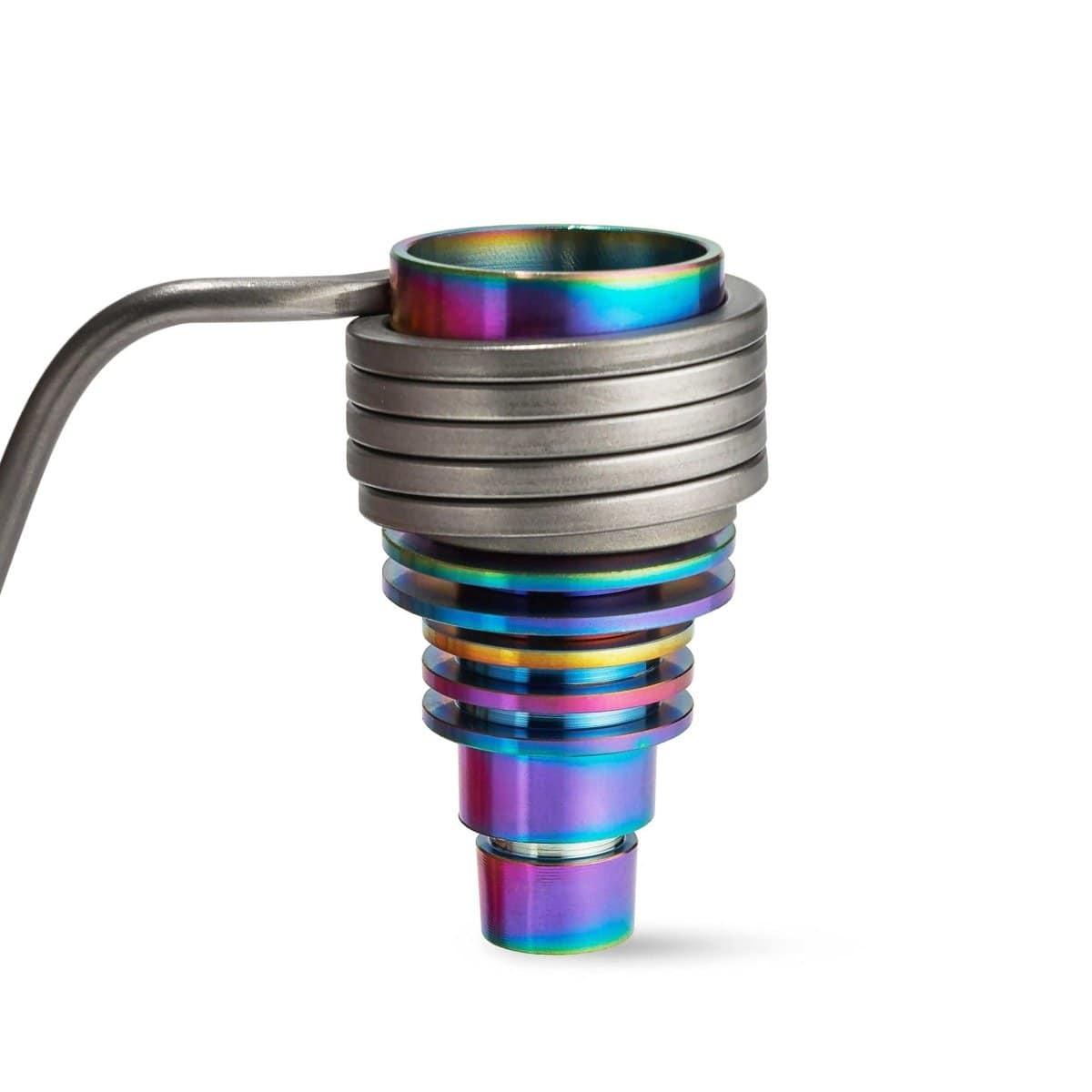 A close-up, angled view of the Micro E-Nail Hybrid Nail Kit, featuring a stacked metallic finish.