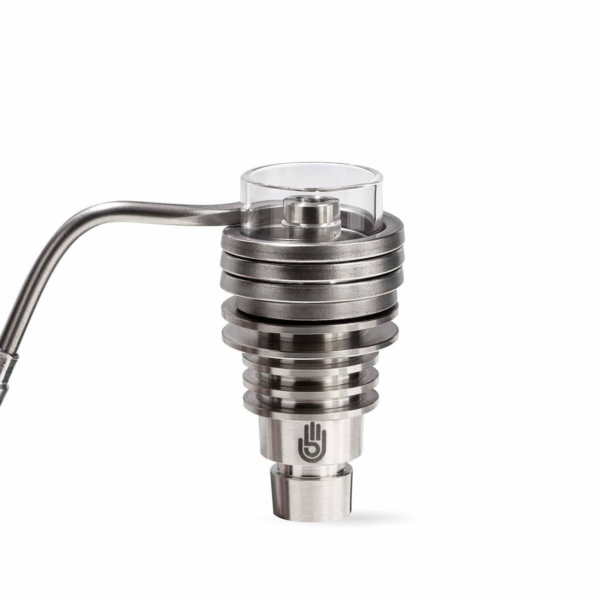 Close-up view of the Micro E-Nail Hybrid Nail Kit, showcasing its metallic coil and connection point, against a plain white background.