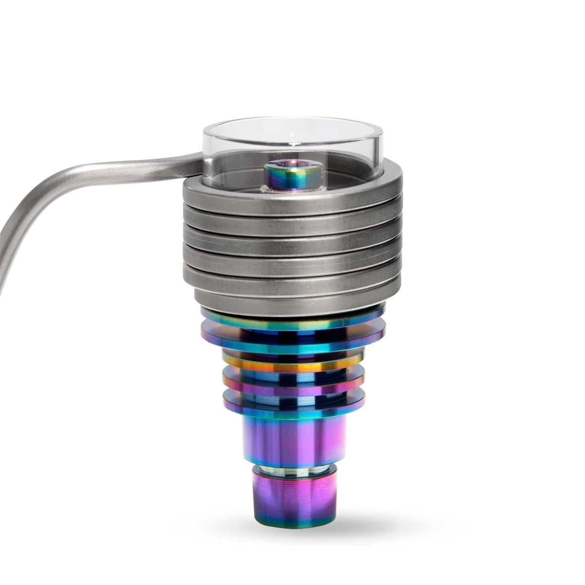 A close-up, angled view of the Micro E-Nail Hybrid Nail Kit, featuring a metallic finish and a clear glass tip.