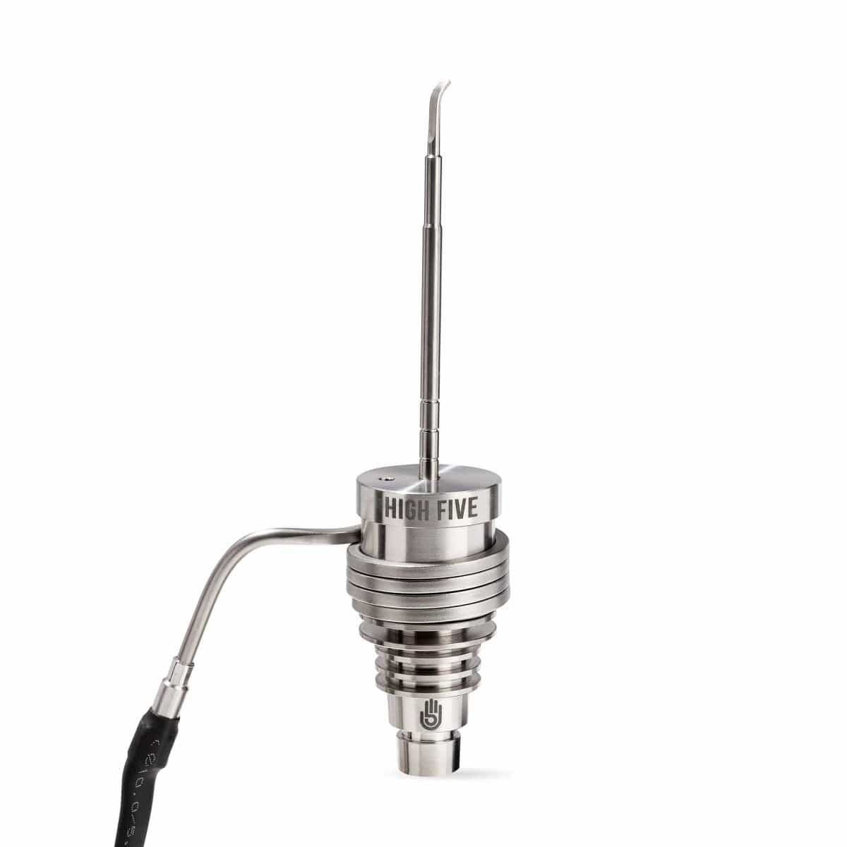 Close-up view of the Micro E-Nail Hybrid Nail Kit, displaying its metallic nail and attached cord from a slightly angled perspective.