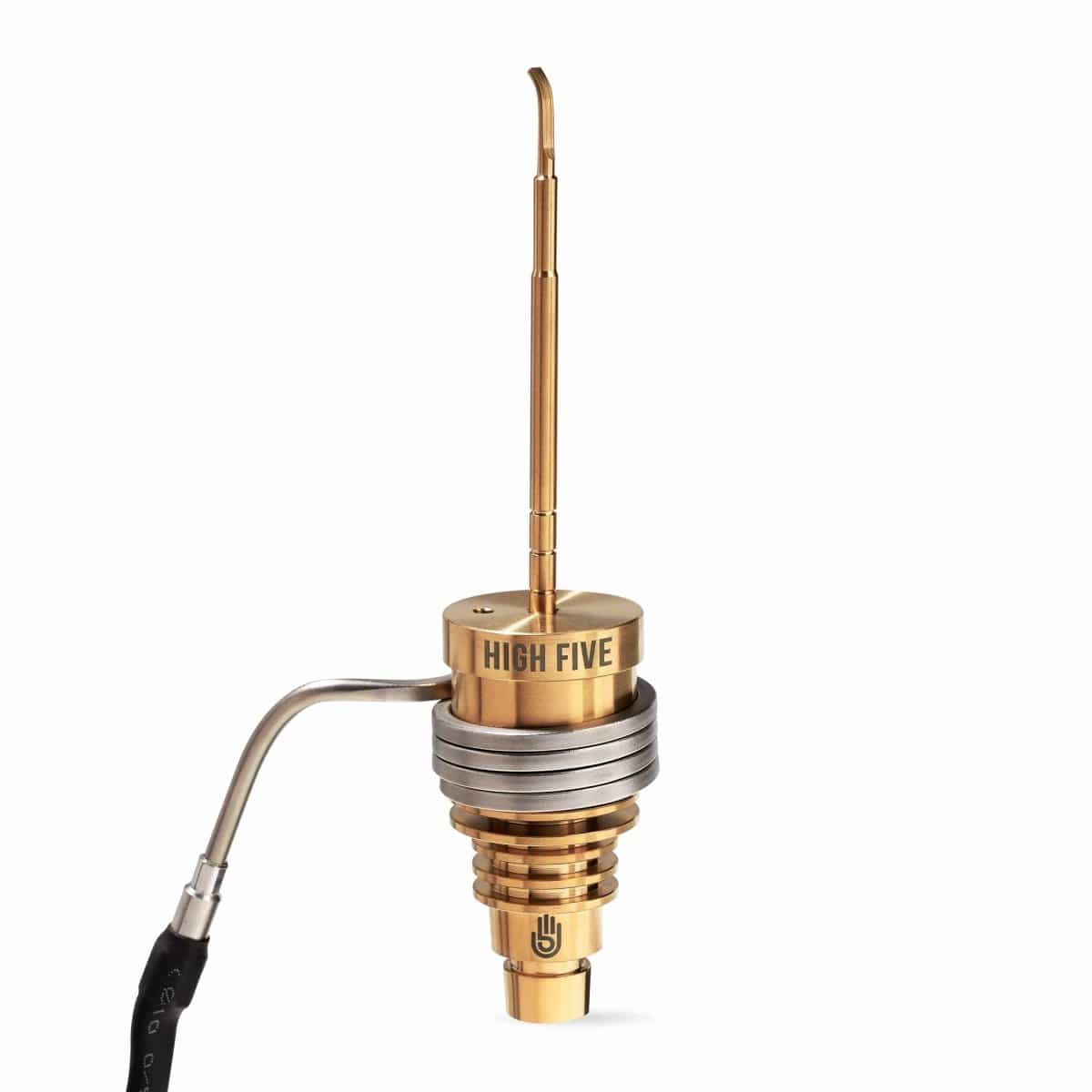 A close-up, angled view of the Micro E-Nail Hybrid Nail Kit, showing its metallic nail and electrical connection details.