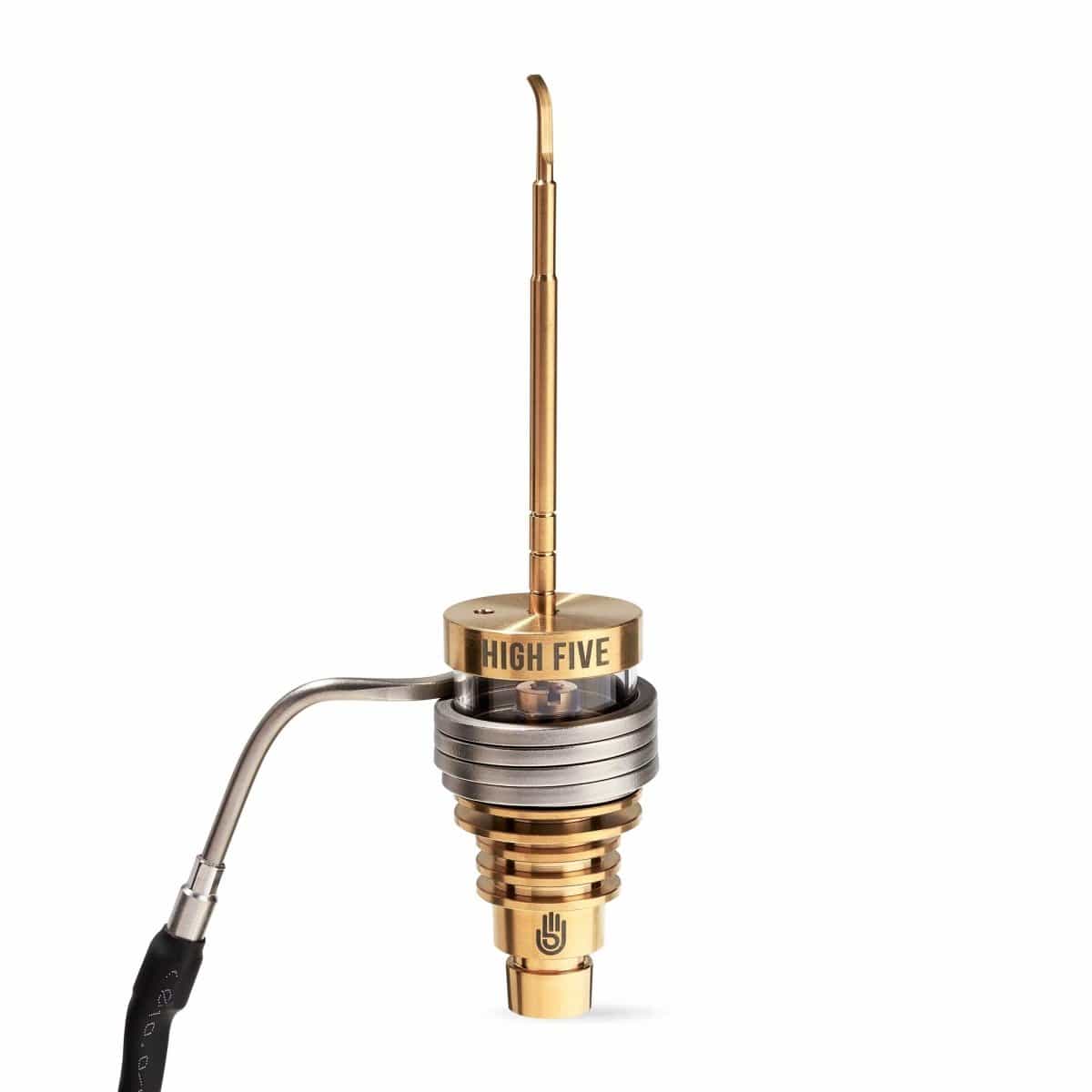 Close-up view of the Micro E-Nail Hybrid Nail Kit, featuring a gold-toned nail with a silver heating element visible against a plain white backdrop.