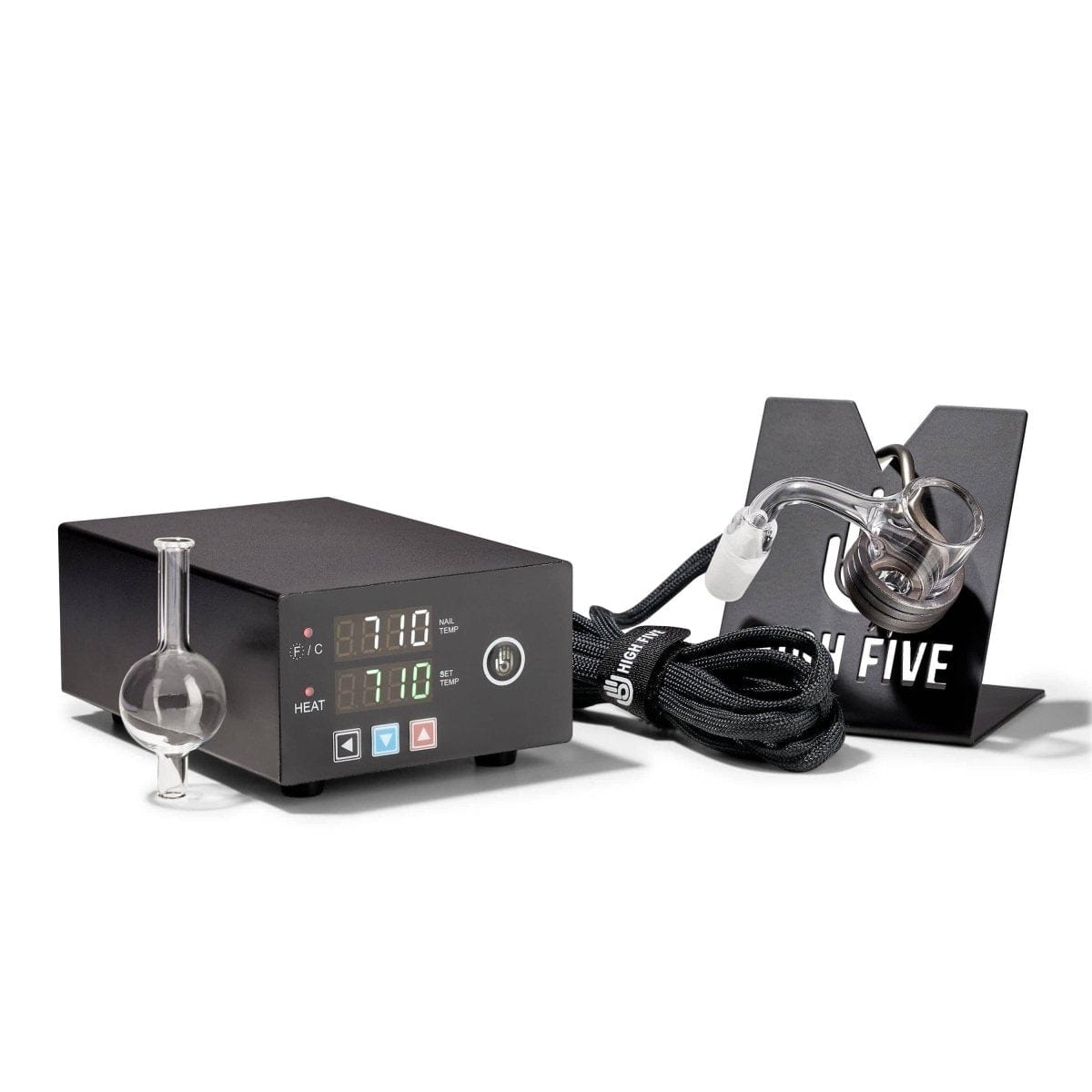 Front view of the Micro E-Nail Quartz E-Banger Kit with a black heating coil and clear quartz banger, set against a dark background.