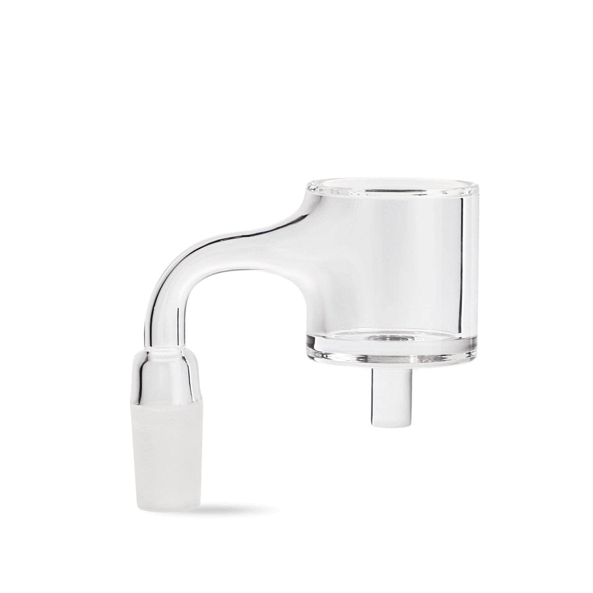 A close-up, angled view of the Micro E-Nail Quartz E-Banger Kit, showcasing its clear quartz construction and minimalist design.