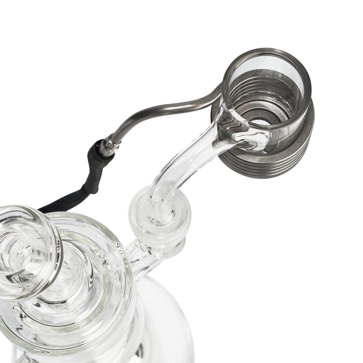 A close-up, angled view of the Micro E-Nail Quartz E-Banger Kit, showing its quartz banger and black heating coil.