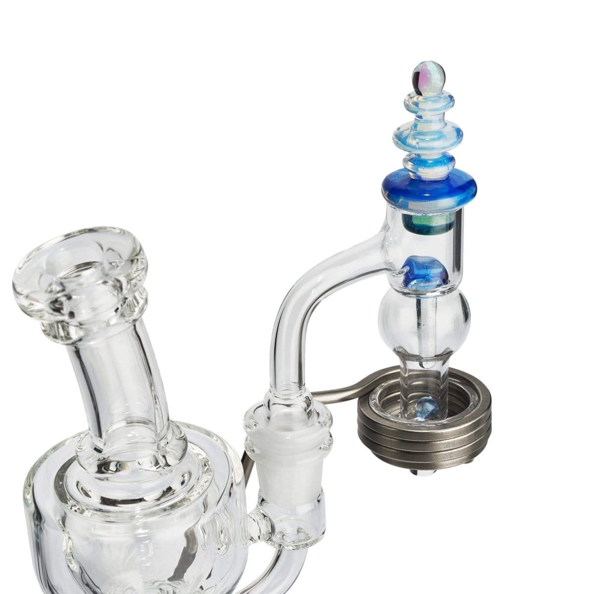 A close-up view of the Micro E-Nail Quartz E-Banger Kit, displaying the quartz banger with a blue accent on top of a silver heating coil.