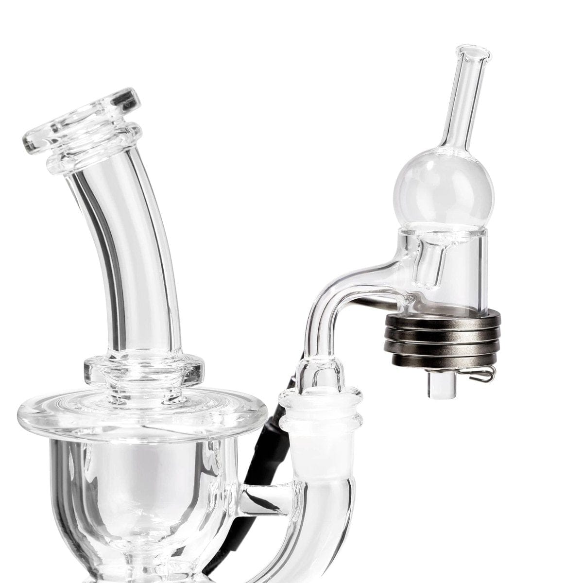 A close-up, angled view of the Micro E-Nail Quartz E-Banger Kit, showcasing its clear quartz banger attached to a metal coil.