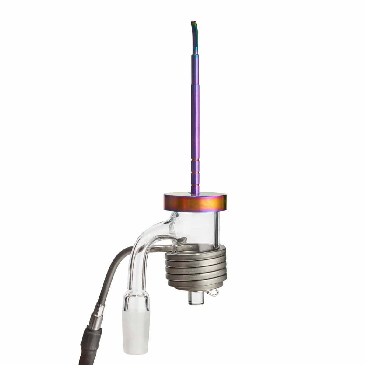 A close-up, angled view of the Micro E-Nail Quartz E-Banger Kit, featuring a silver and clear quartz banger with a colorful metal coil.