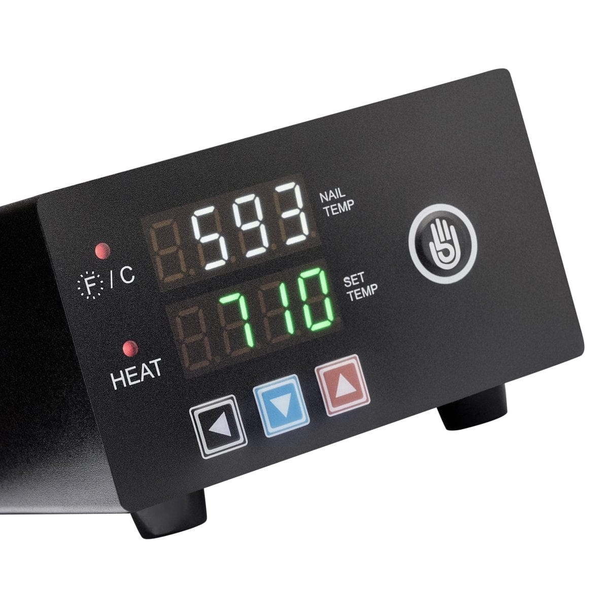 Close-up of the Micro E-Nail with Heater Coil’s digital display, showing a bright red temperature reading on a black surface.