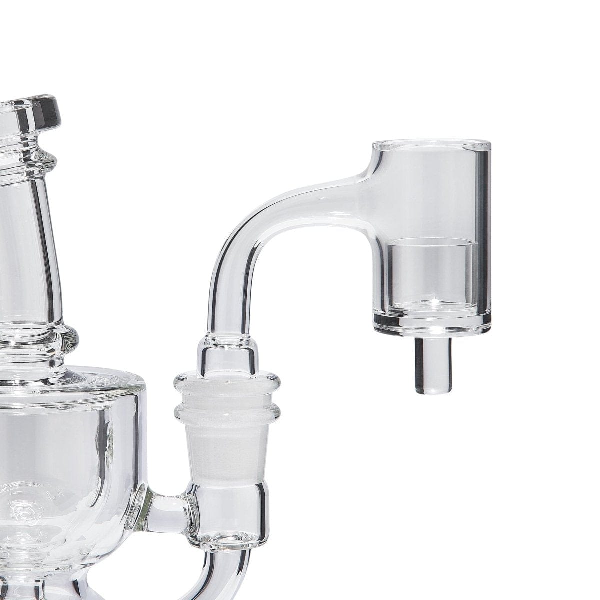 Close-up side view of the Quartz E-Banger Insert (2 Pack) showing a clear glass bucket and curved neck against a white background.