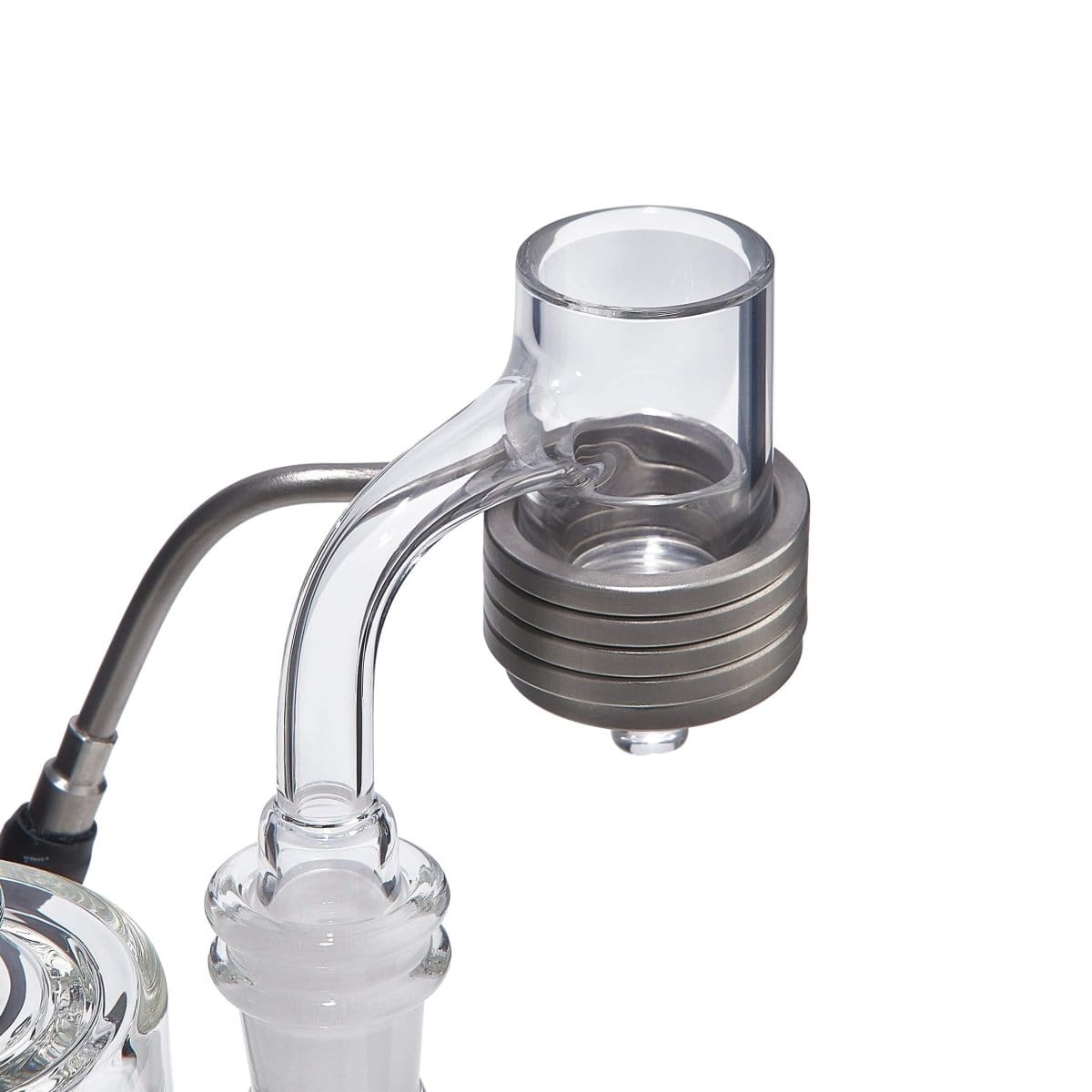Close-up angled view of a Quartz E-Banger Insert (2 Pack) showing one clear glass banger with stacked metal cooling rings against a bright white background