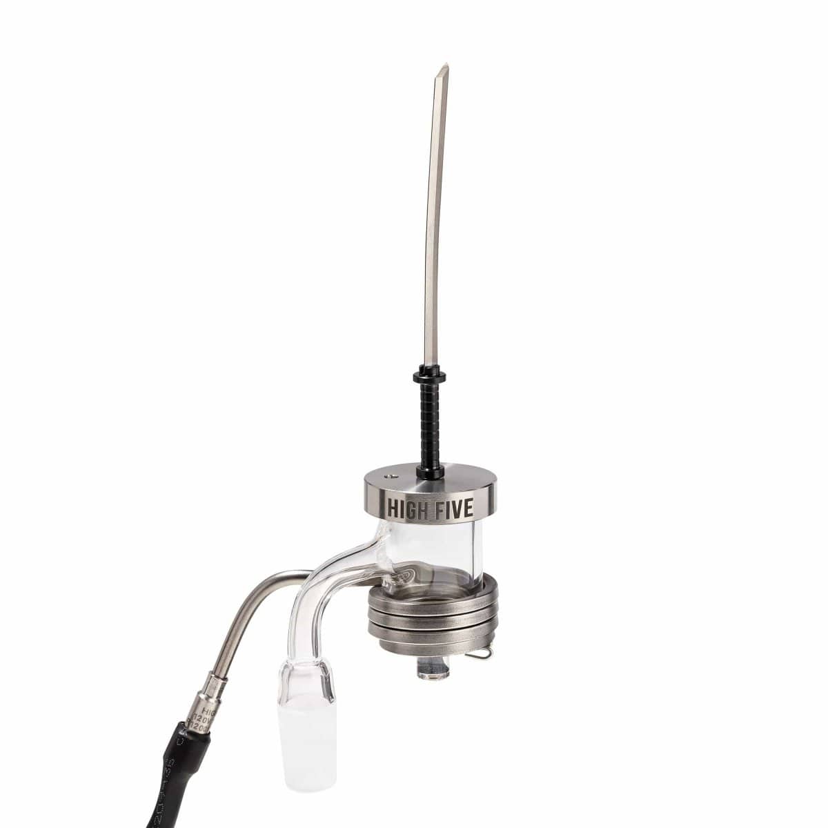 A close-up, angled view of the Silver Katana Carb Cap, showcasing its silver finish and intricate design against a plain background.