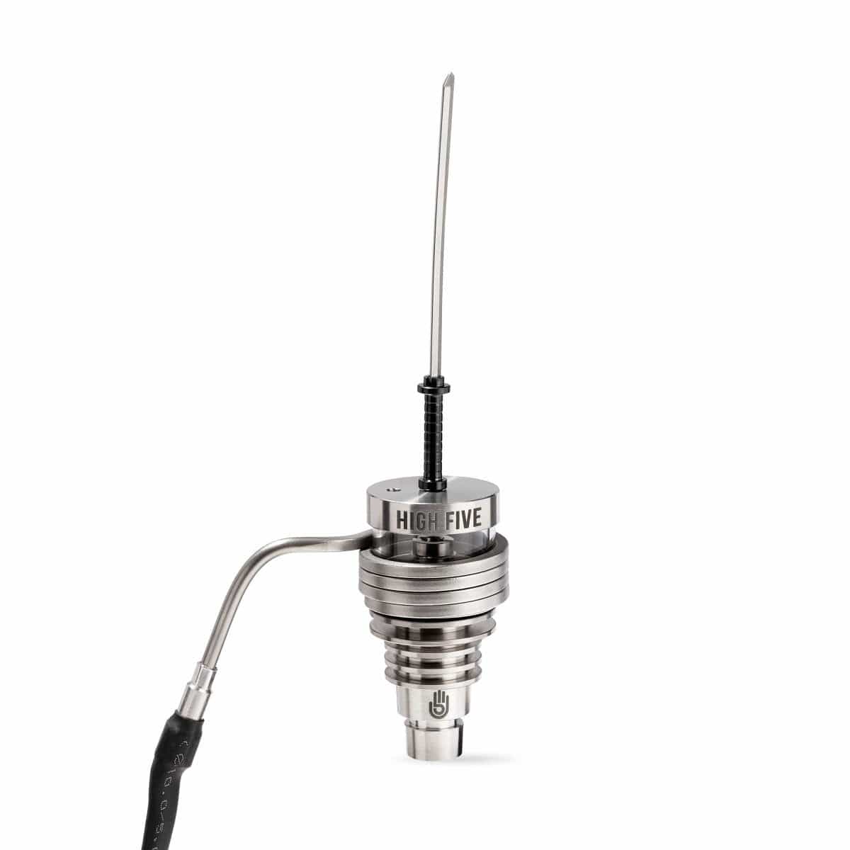 A close-up, angled view of the Silver Katana Carb Cap, showing its sleek, metallic design and circular opening.