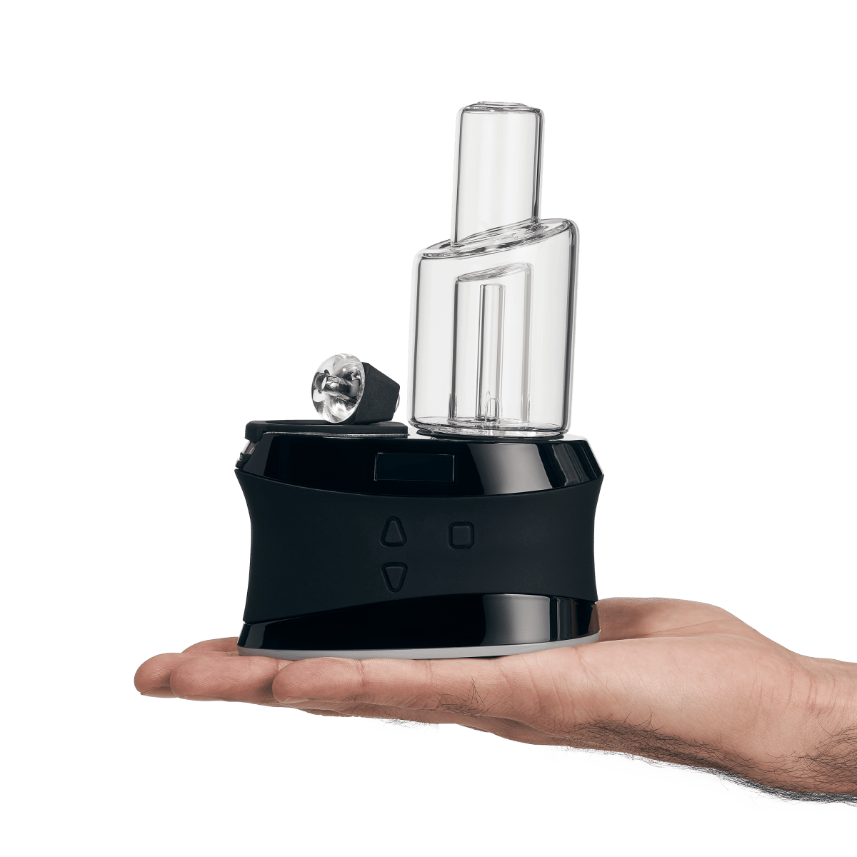 A hand holds the black and clear glass DUO, showcasing its sleek, compact design with a front-on perspective.