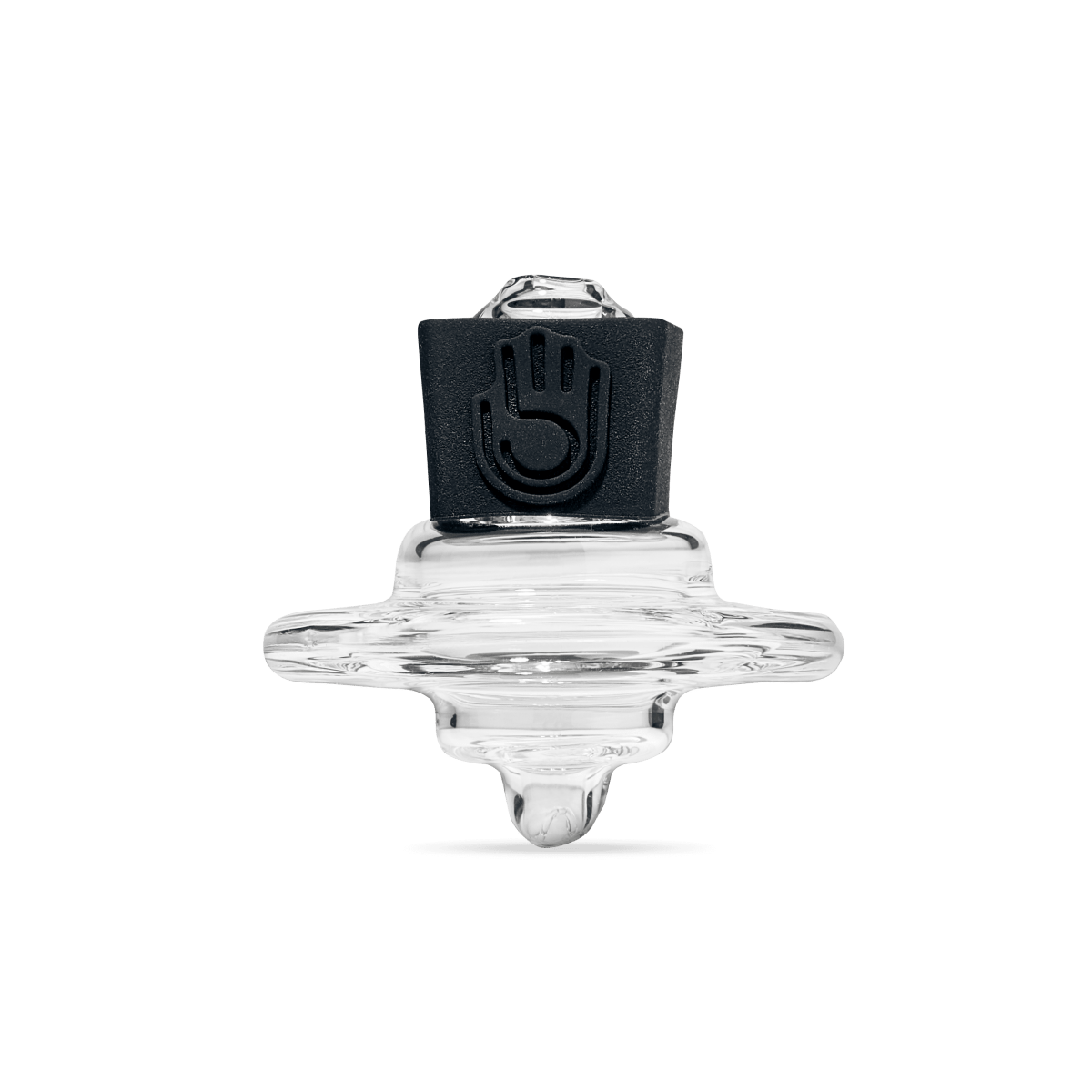 A close-up, angled view of the DUO, showcasing its clear glass construction and simple form.