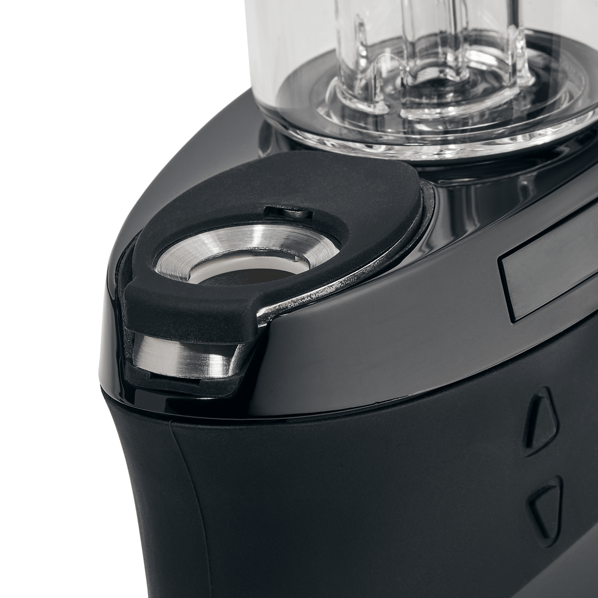 A close-up, angled view of the DUO, showcasing its clear glass construction and sleek, modern design.