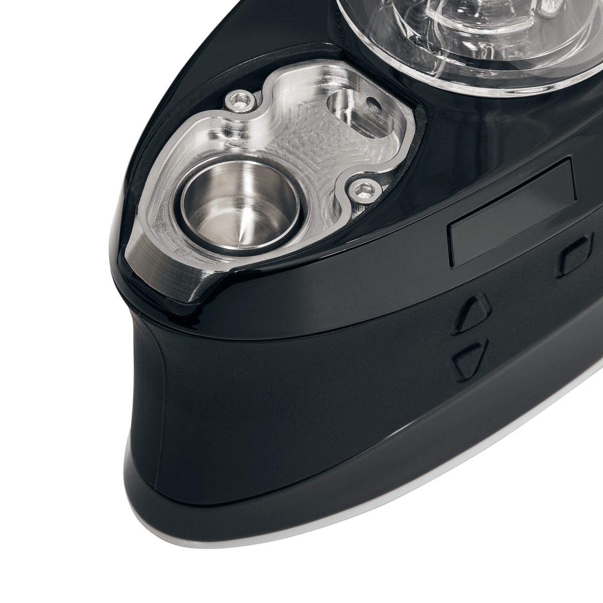 Close-up, angled view of the DUO, highlighting its sleek, dark design and smooth, curved surface.