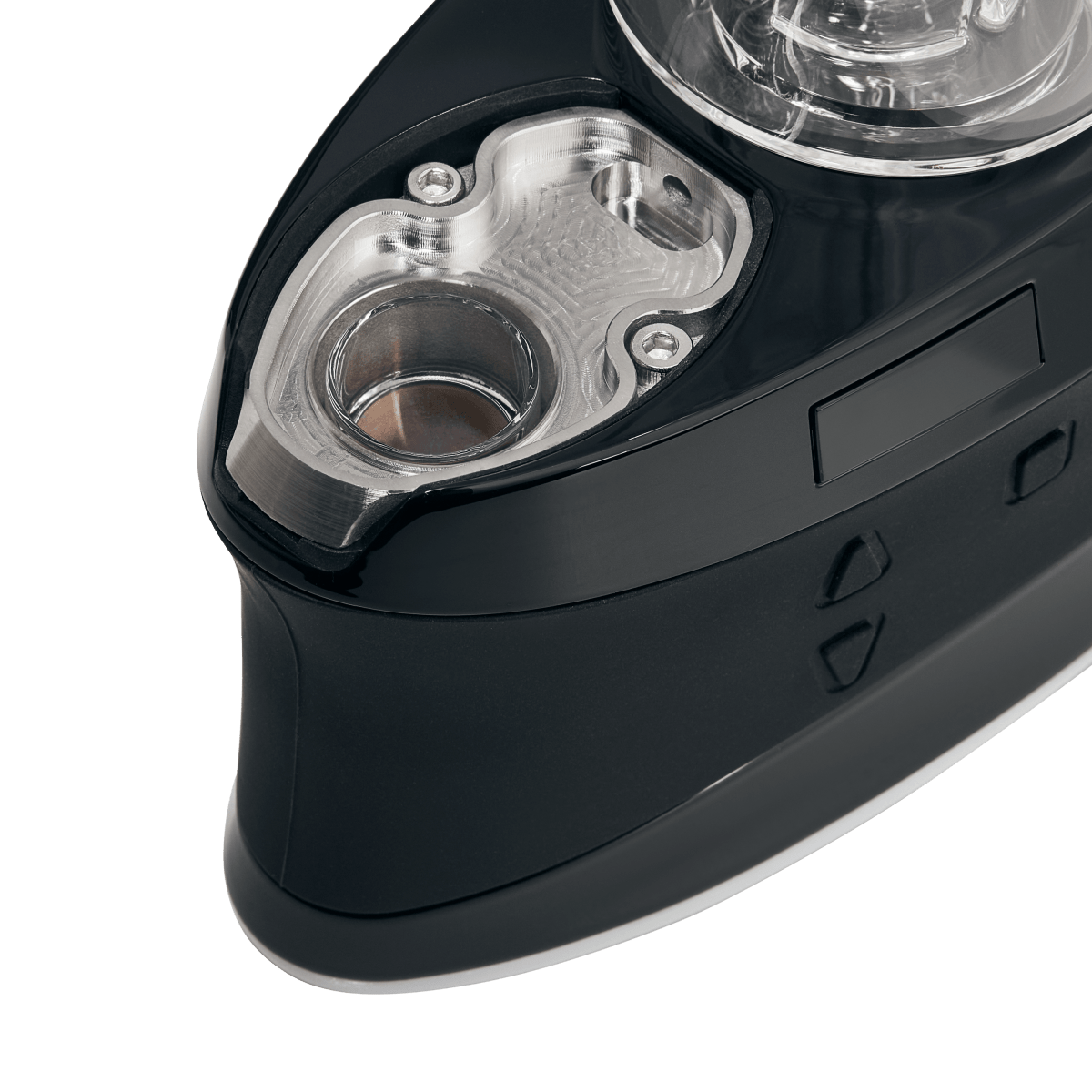 Close-up, angled view of the DUO, showcasing its sleek, dark design and intricate internal structure.