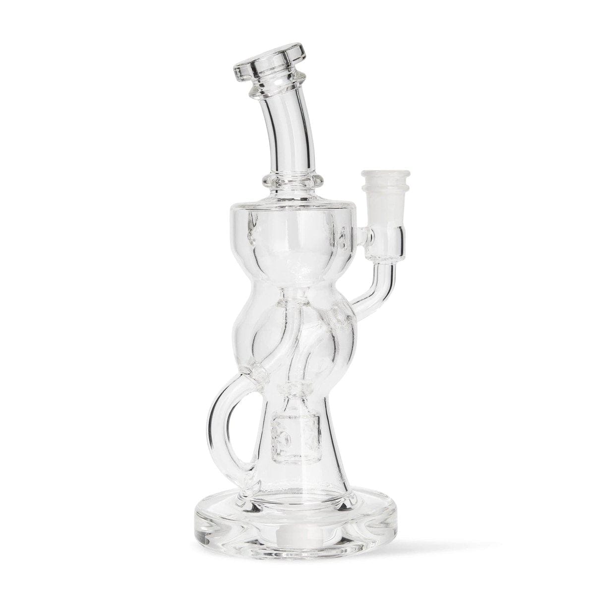 Front view of the FTK, a clear glass piece with a simple, curved design and visible joint.