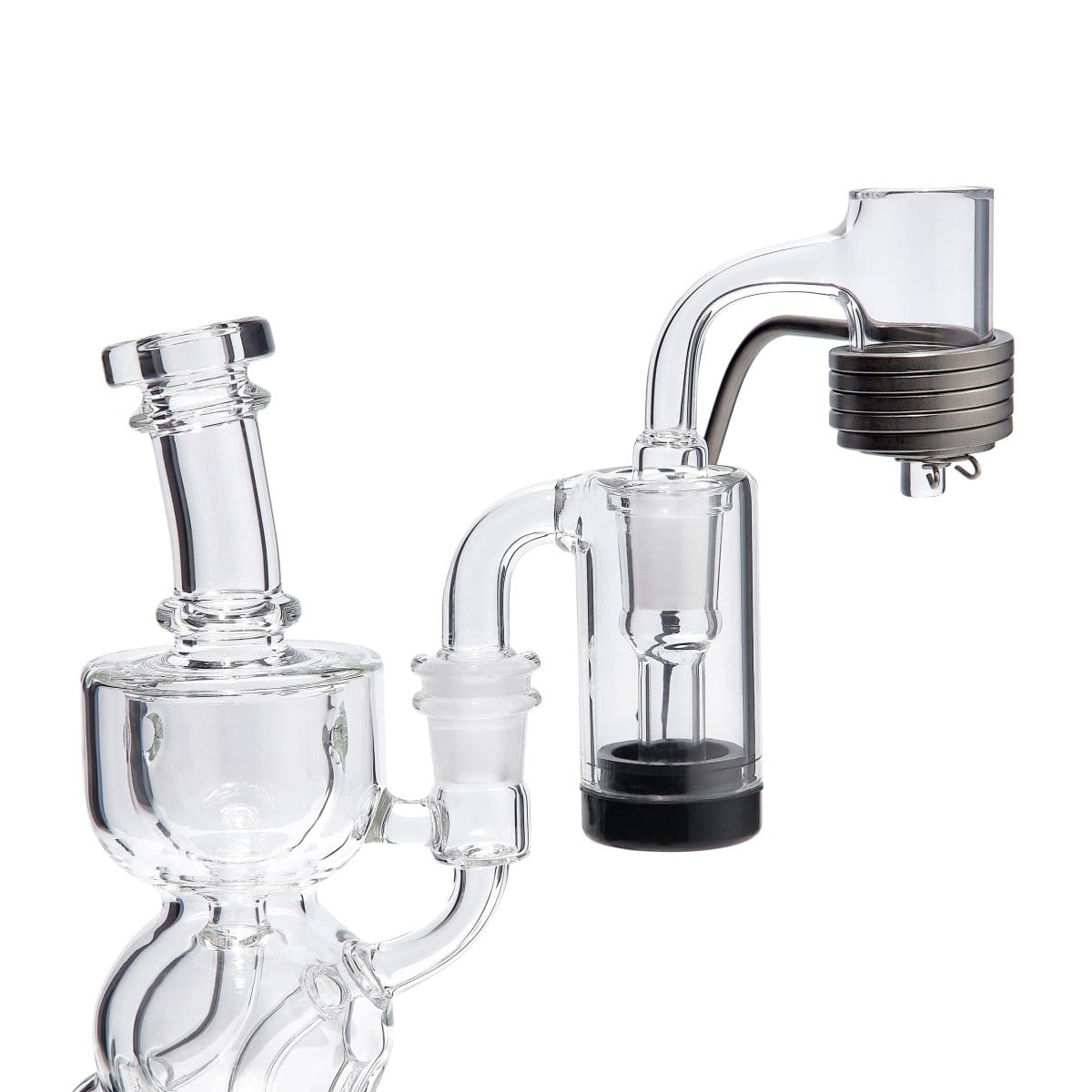 A detailed view of the ClaimSaver Glass Adapter Curved, showcasing its clear glass construction and curved design within a complex glass setup.