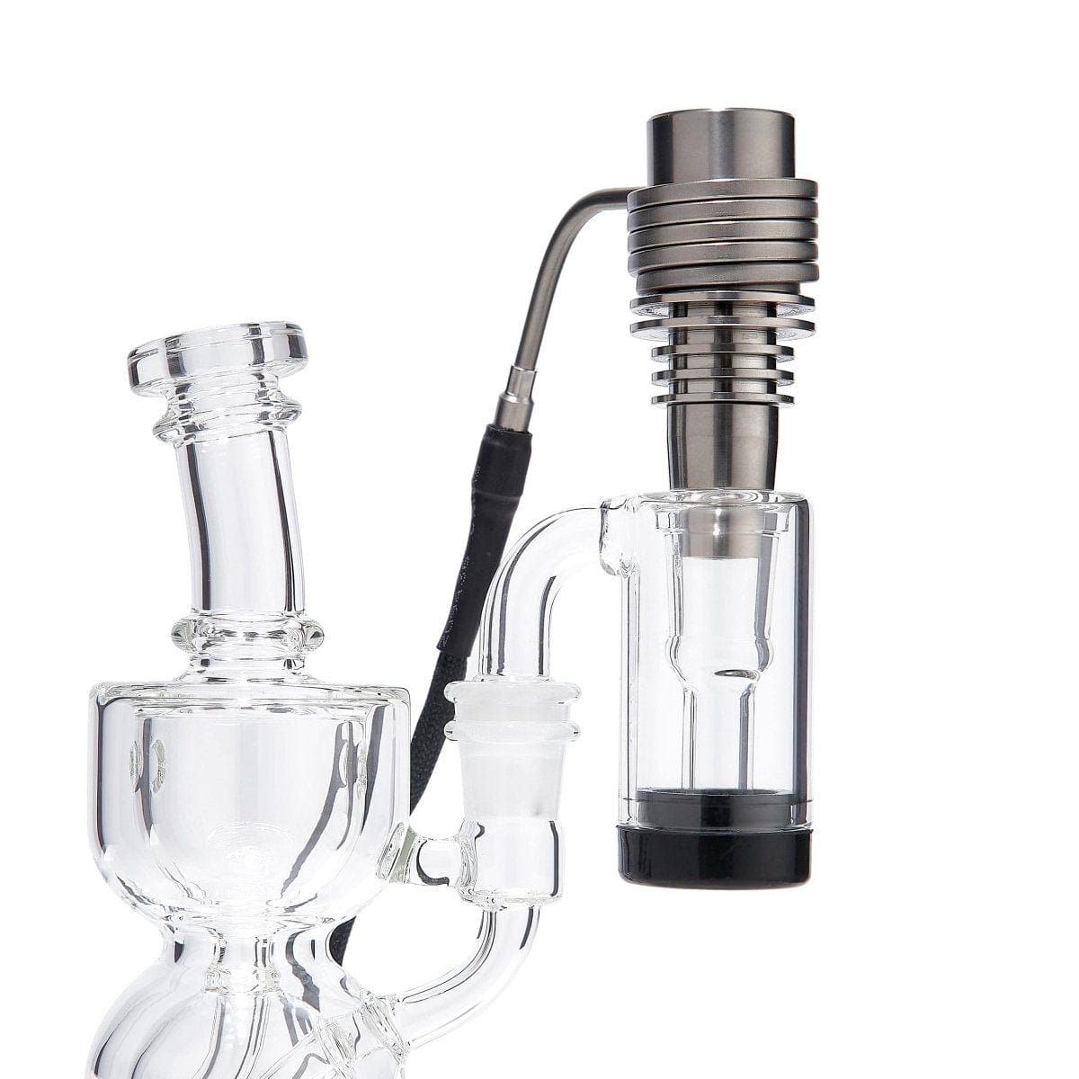 A curved ClaimSaver Glass Adapter is shown in a close-up, studio shot highlighting its clear glass construction and smooth contours.