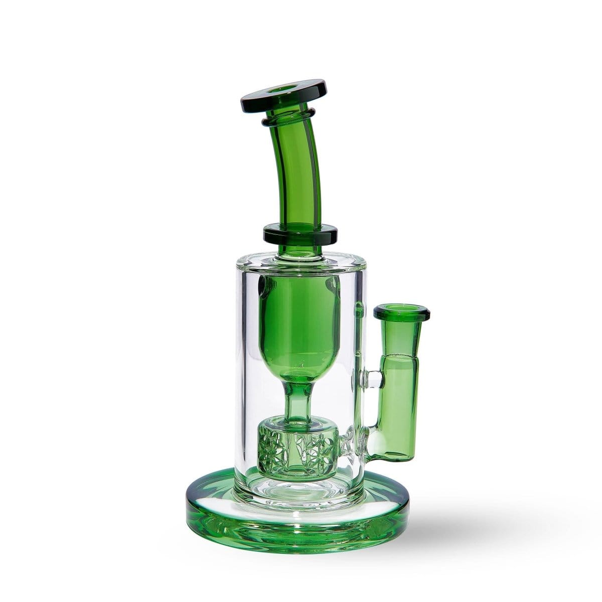Angled front view of the Torus, a green-tinted glass rig with a cylindrical chamber, curved mouthpiece, and rounded base on white.