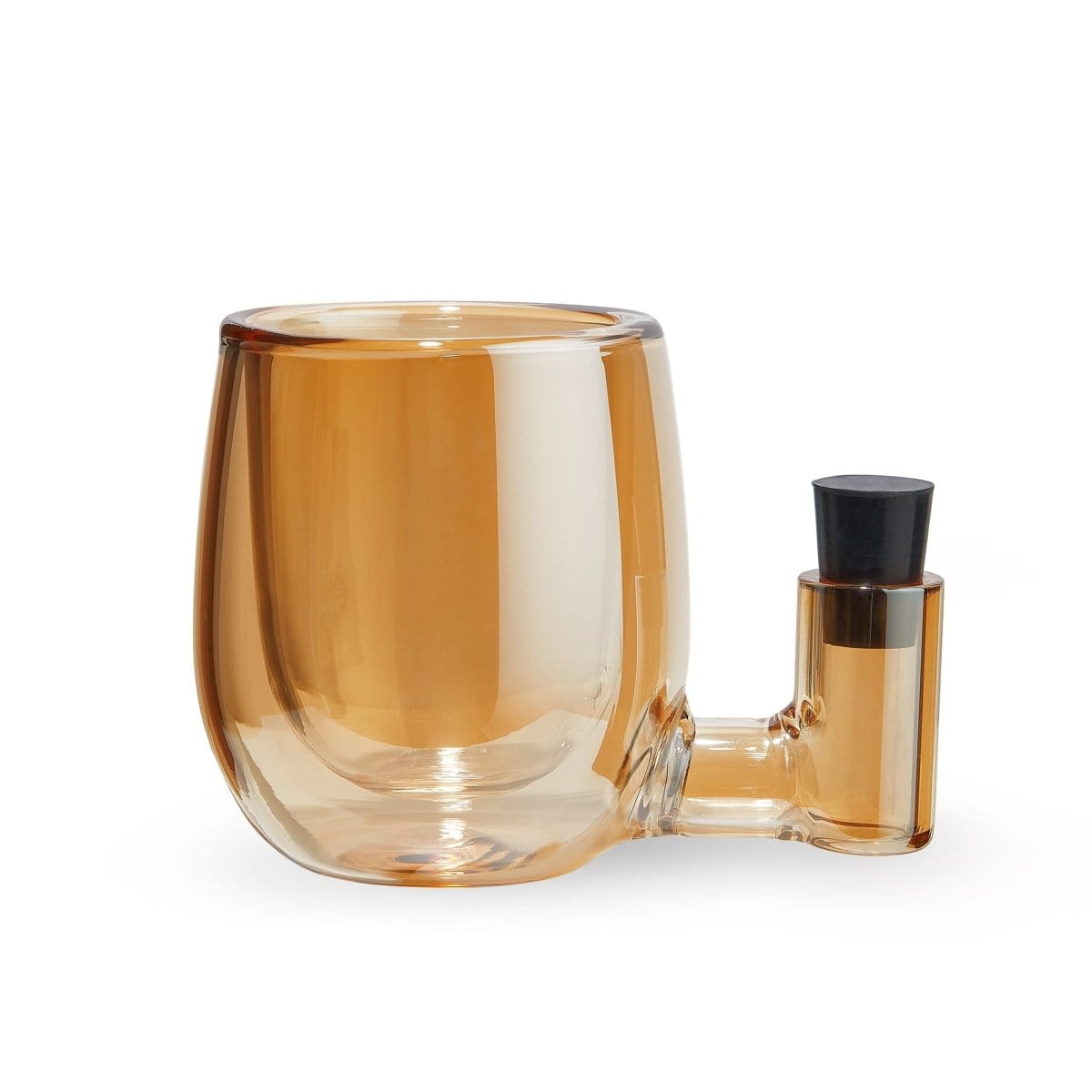 Front view of the ISO Station, a clear glass piece with a cylindrical body and angled mouthpiece.