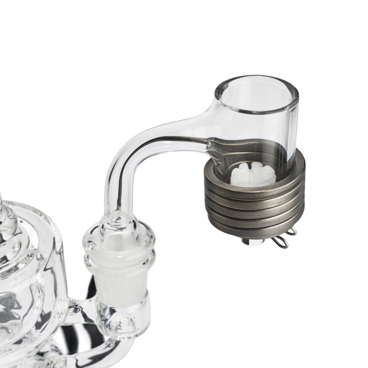 Angled close-up of a clear glass joint with the Quartz E-Banger Opaque Gear Insert fitted, showing the metallic gear ring and white ceramic insert.