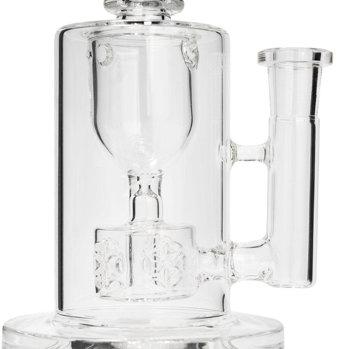Close-up side view of the clear Torus showing its cylindrical chamber, inner percolator and right-side mouthpiece.
