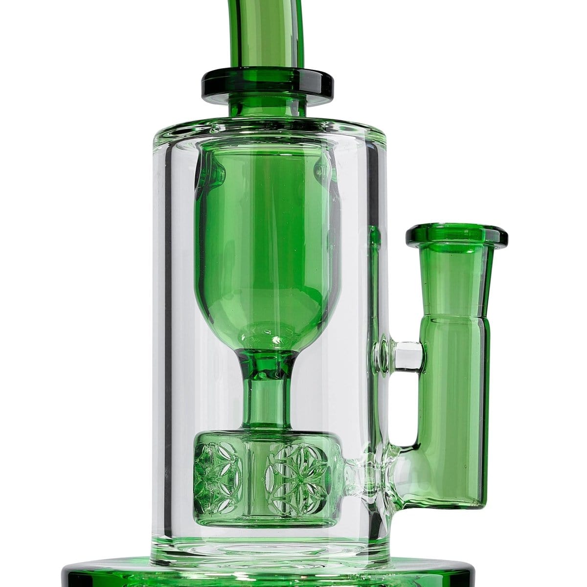 Close-up front view of the green Torus glass chamber and percolator assembly housed inside a clear outer tube.