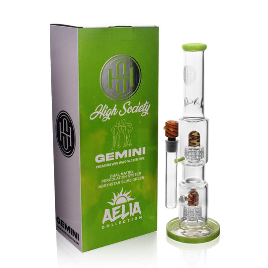 Front view of the High Society  Gemini Premium Wig Wag Waterpipe, showcasing its green glass construction and intricate design.